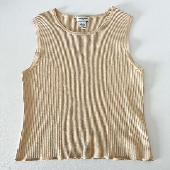 Oliver Perry Silk Blend Ribbed Knit Sweater Vest Womens Large Beige Nude VTG - Picture 1 of 6